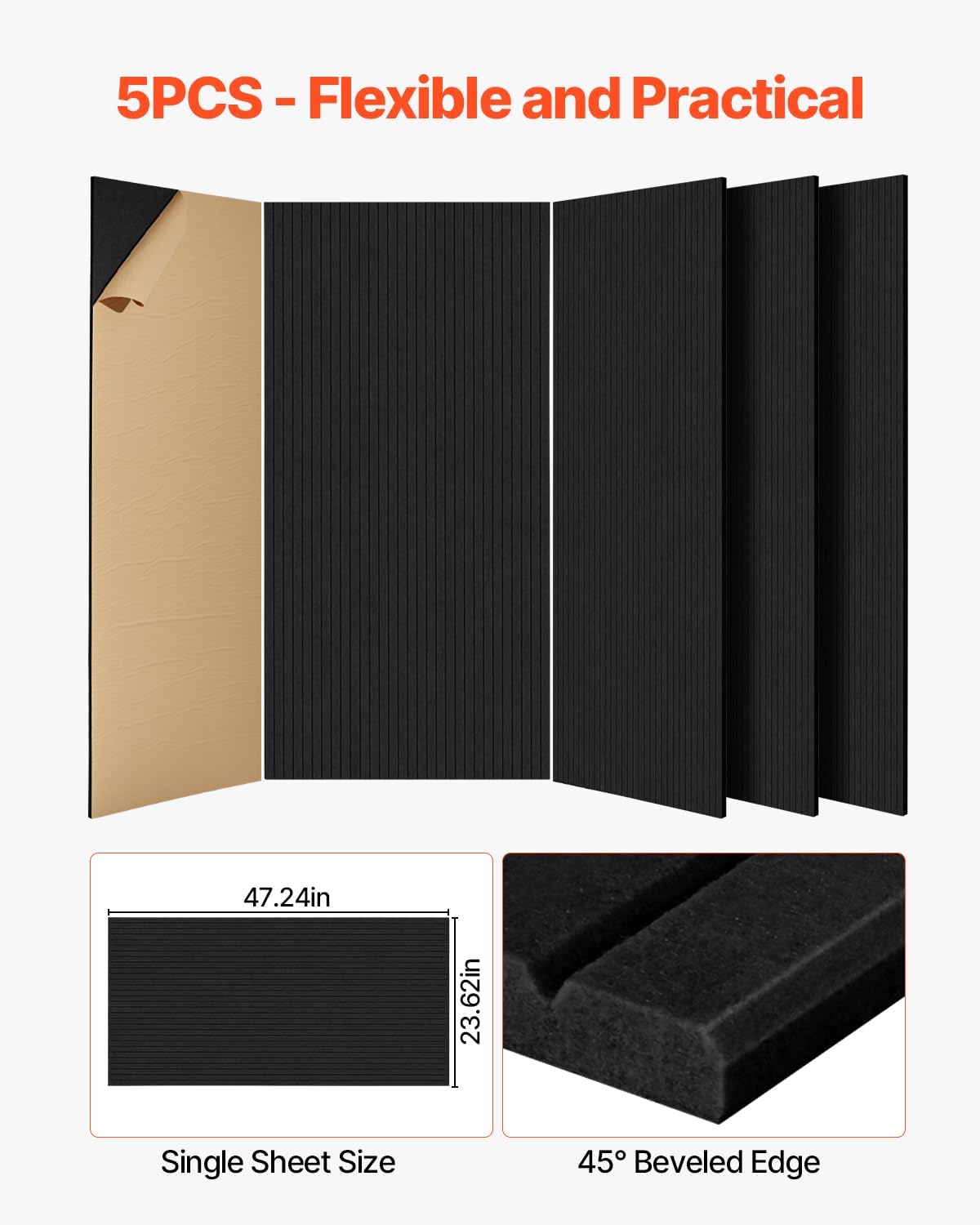 VEVOR 5 Pack Acoustic Panels with Self Adhesive, 47.2 x 23.6 x 0.4 inch Sound Proof Foam Panels, Polyester Fiber Soundproof Wall Panels High Density, for Home, Studio, Office, Theater, Black