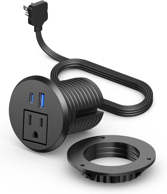2 inch Desktop Power Grommet with PD 20W USB C,Ultra Thin Flat Plug Power Strip,Recessed Outlet,Slim Outlet Extender for Office,Table Outlets for Home, Office,6 ft Cable(Black)