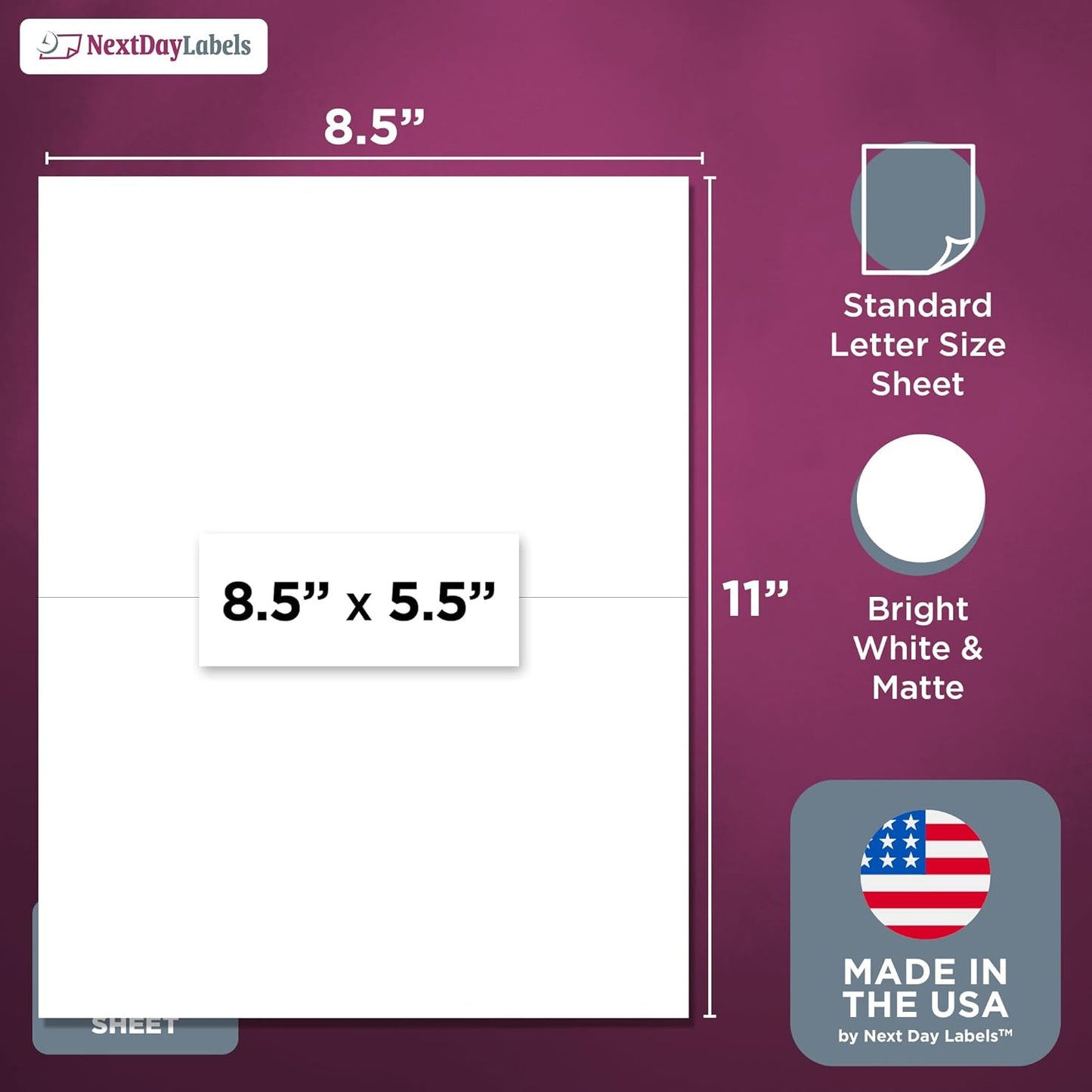 NextDayLabels – 8-1/2" x 5-1/2" Rectangular Sticker Labels for Printer - White Laser/Inkjet Printer Labels Return Address Labels Shipping Label Stickers (25 Sheets, 2 Per Sheet, 50 Labels)