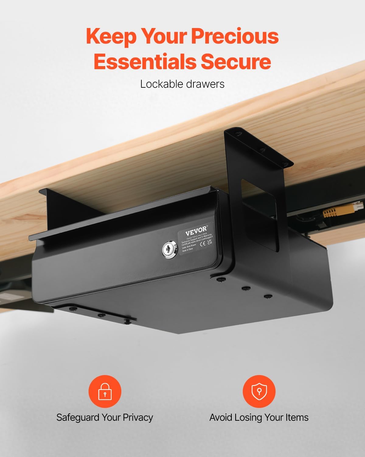 VEVOR Under Desk Lockable Slide Out Drawer, 13 inch Under Desk Pull-out Drawer for Sit Stand Workstation, Secure Under Counter Drawers for Home Office Storage Organizer, Black