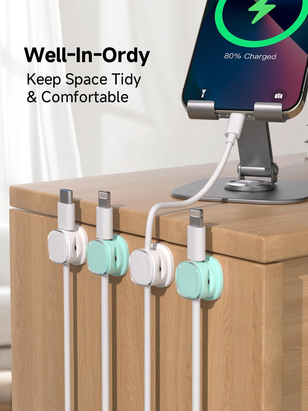 Magnetic Cable Clips, Adjustable Cord Holder Management, Adhesive Wire Keeper Organizer for Home Office Desk Phone PC Car Wall Desktop Nightstand Appliance (9-PCS White & Cyan)