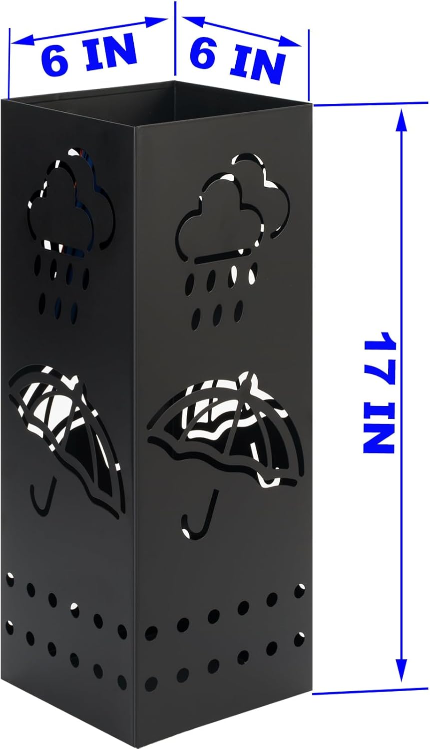 Umbrella Stand Rack for Entryway, Black Square Metal Umbrella Holder, Free Standing Umbrella Storage Organizer Bin with for Home Office Hotel Decor, 6 x 6 x 17 Inch, Hold 6 Umbrellas