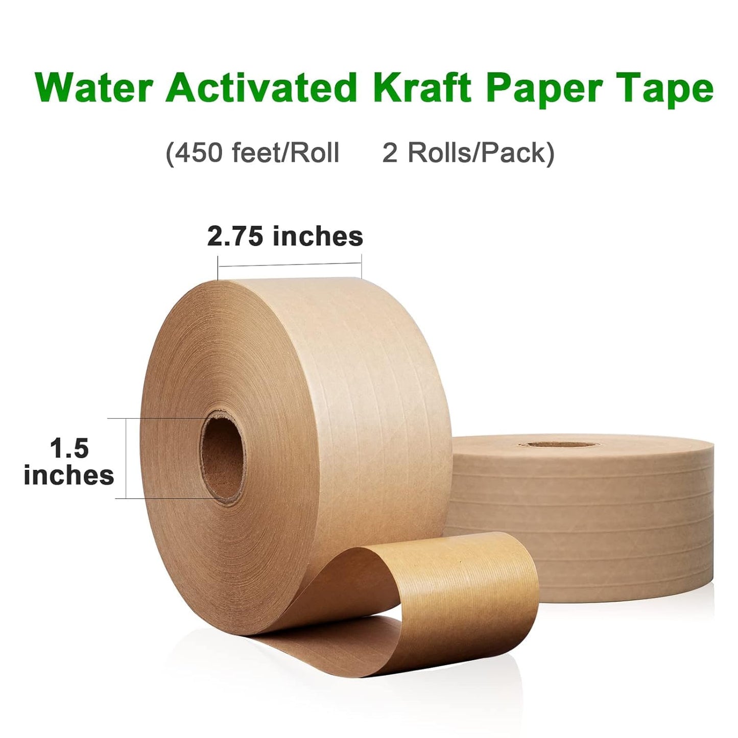 Water Activated Kraft Paper Tape – 5 Reinforced Fibers, 127gsm, 2.75" x 450ft, 2 Rolls – Heavy Duty for Shipping, Moving & Industrial Packaging
