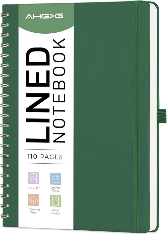 AHGXG Lined Spiral Notebook 8.5" x 11", A4 Large Notebooks for Women Men, Hardcover Leather Notebook College Ruled, 100 GSM Thick Paper, Notebooks for Work School Note Taking Writing, Green