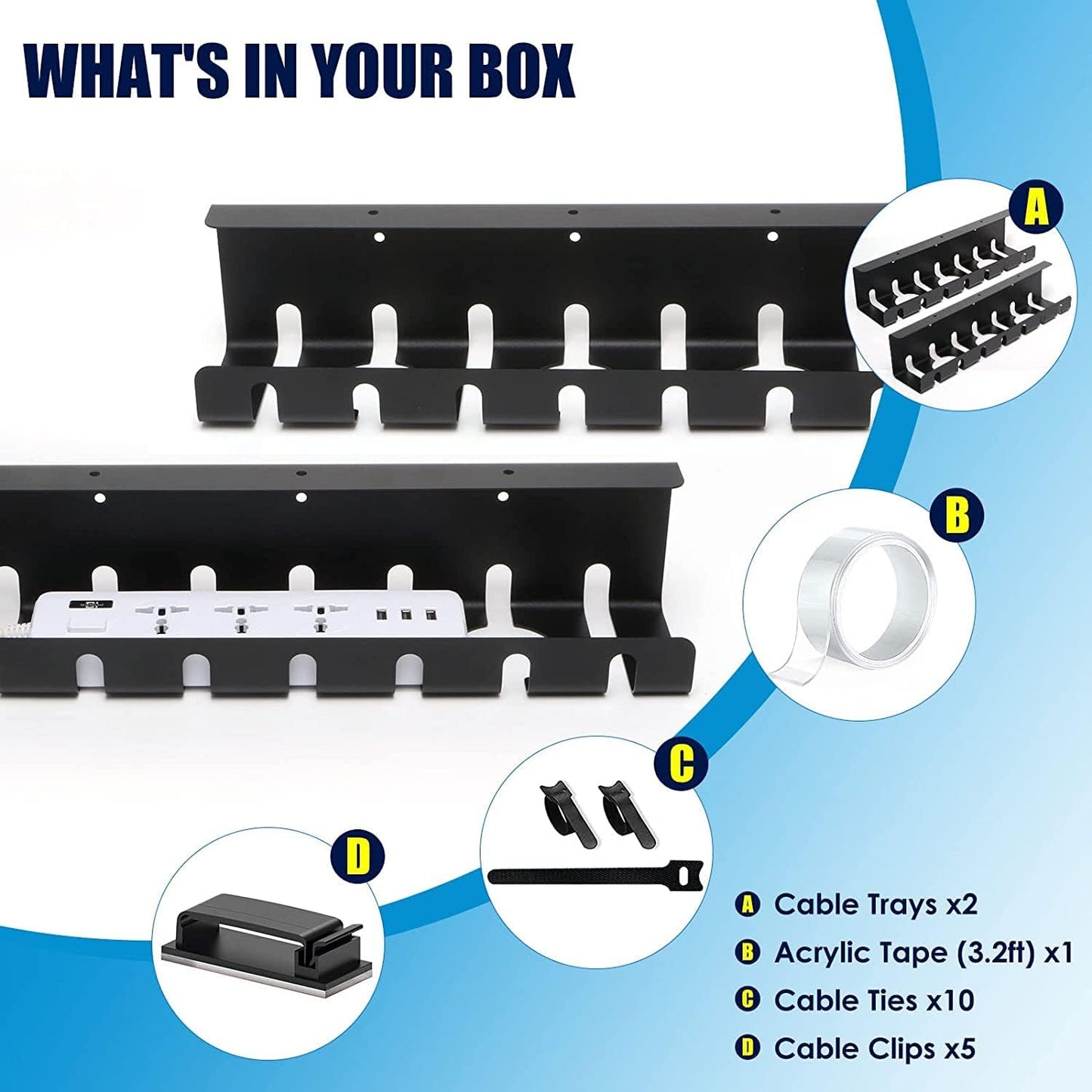2 Pack Under Desk Cable Management Tray, 17" Wire Organizer for Power Strip, No Drill or Screw Mount, Easy Install Cord Raceway for Desk & Home, Black