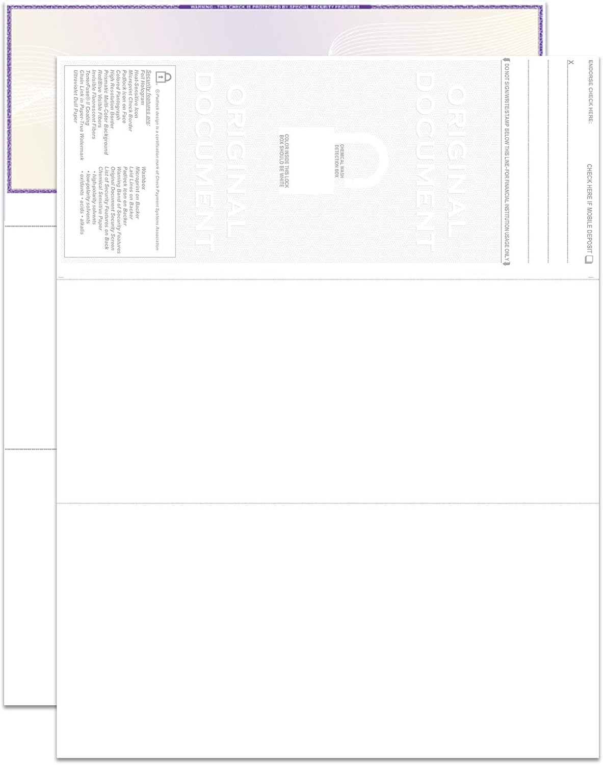 EZ Checks Premium High Security Check Paper with Hologram & 20 Security Features | 500 Sheets (Purple/Yellow, Check at Top)