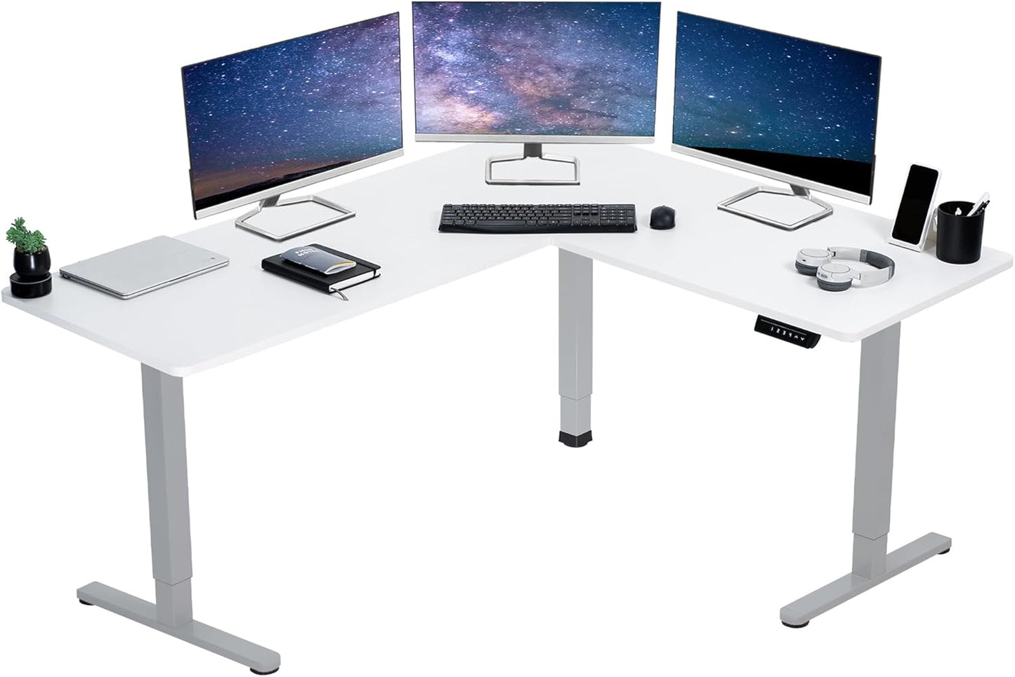 VIVO Electric Corner L-Shaped 63 x 55 in Standing Desk, Memory Height Adjustment, White Top Gray Frame, DESK-E3CTGW
