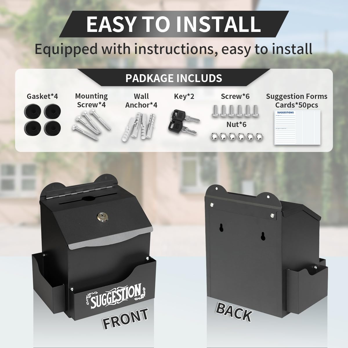 Metal Suggestion Box with Suggestions Lettering, Wall-Mounted&Tabletop With Lock Pen Holder Suggestion Cards*50pcs for Fundraising Comment Voting Prayer Money Drop Donation 8.46×5.9×6.96"