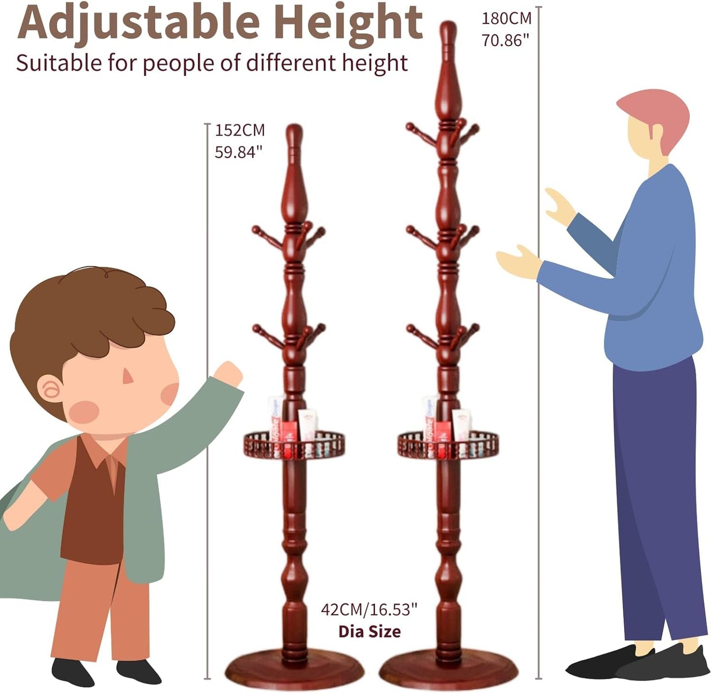 Coat Rack, Birch Wooden Hall Tree Coat Rack Free Standing with 9 Hooks, Wooden Round Base，Coat Tree for Home/Office/Entryway/Hallway （Dark Red ）