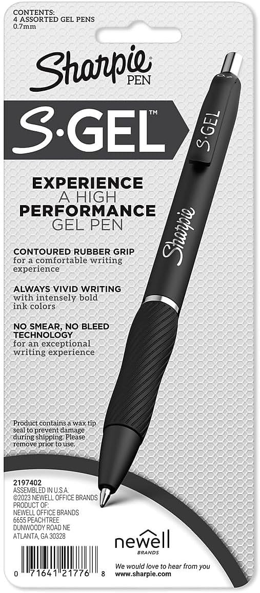 Sharpie S-Gel Gel Pens Drawing Pens Gel Ink for Journaling Writing Coloring Medium Point (0.7mm) White Barrel Assorted Ink Colors 4 Count