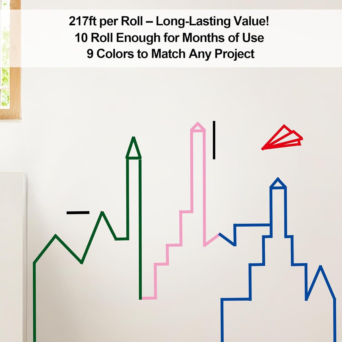 Whiteboard Tape 1/8 Inch x 217ft 10 Rolls Dry Erase Board Assorted Colors Tape for Whiteboards, Crafts, Grids, Marking, Calendars, Violin Fingerboards