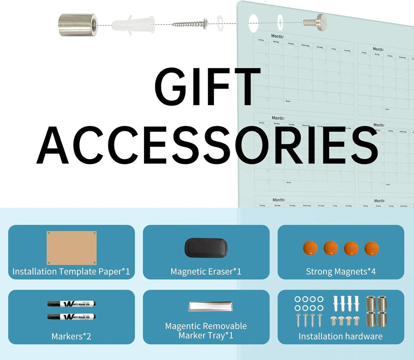 Magnetic Glass Dry Erase Board Calendar- White Board 48 x 36 Inch Wall Mounted Yearly Whiteboard, Large Frameless Glass White Board for Wall Office, Home & School