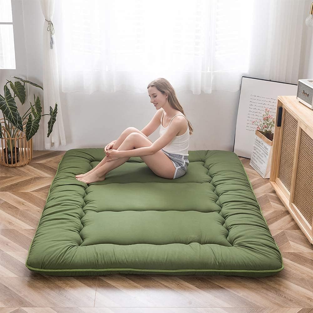Japanese Floor Mattress Futon Mattress Thicken Tatami Mat Sleeping Pad Roll Up Mattress Floor Lounger Bed Folding Couch Bed Mattress Pad for Guest Room, Green, Queen