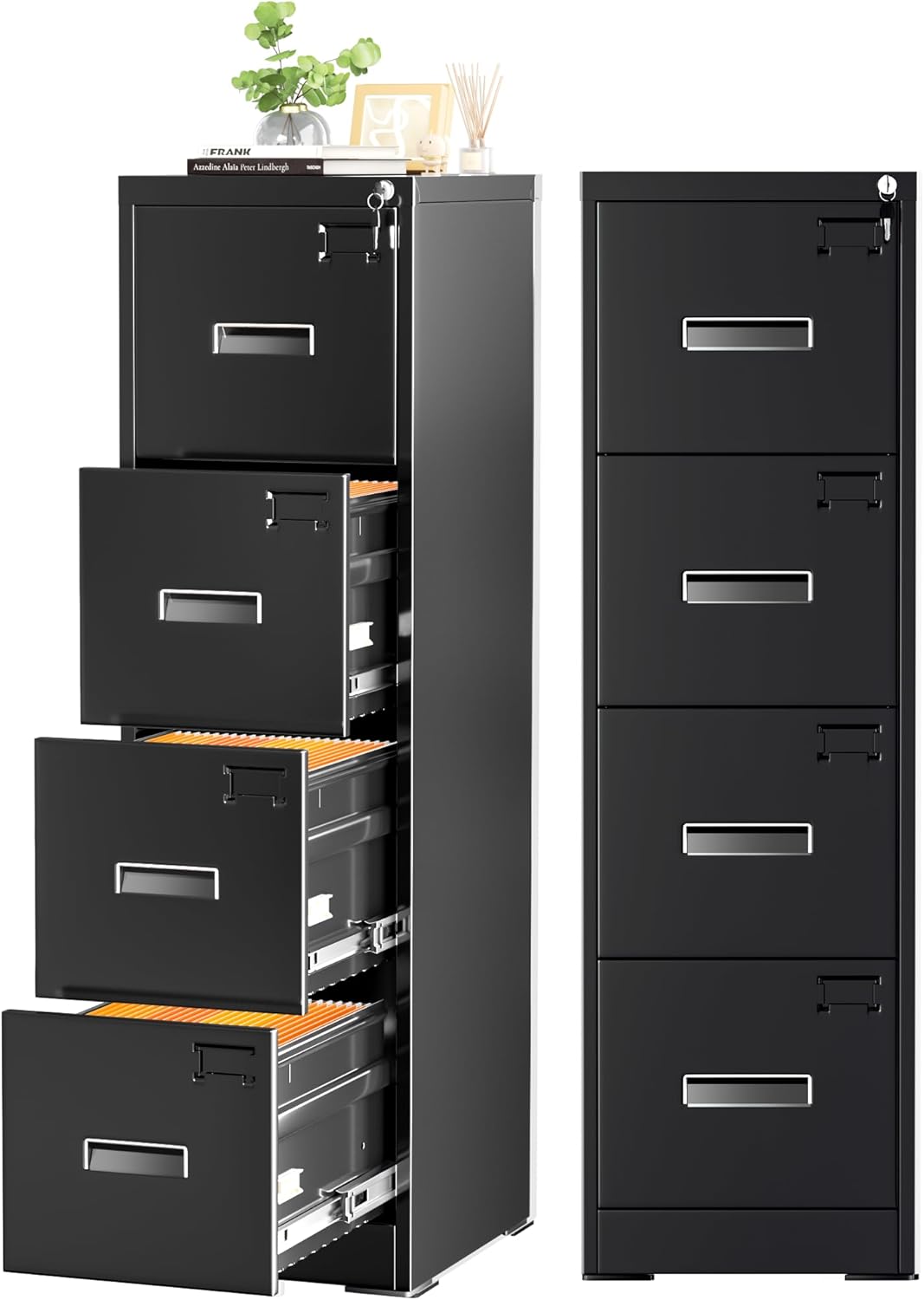 Crownland Lateral File Cabinet with 4 Drawers, 15" W Metal Lockable Office File Cabinets for Home Office- Stores Letter/Legal/A4/F4 Files(Black)
