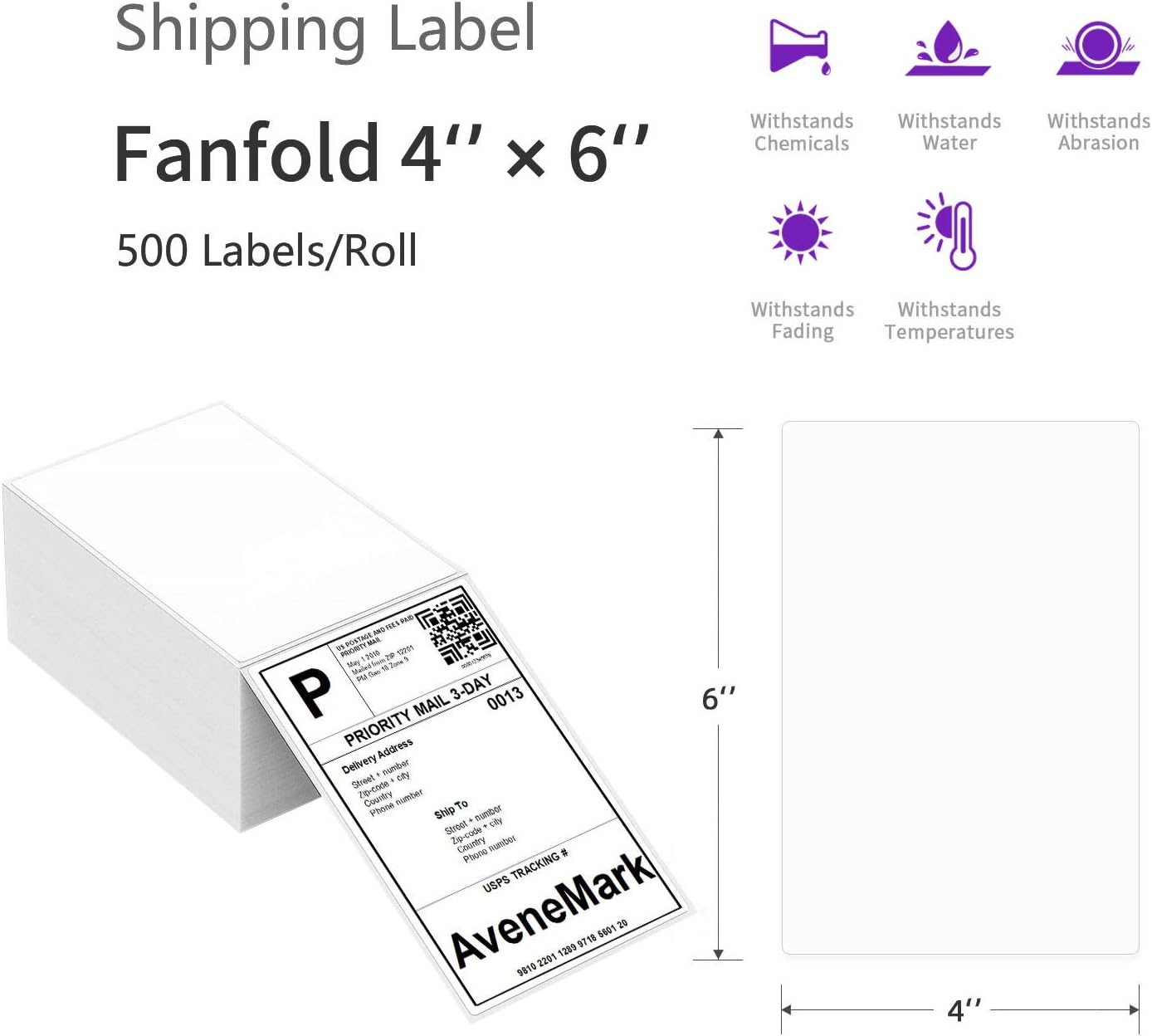 AveneMark 8 Stacks 4000 Labels 4" x 6" Fanfold Direct Thermal Labels, Postage Shipping Labels Paper with Perforated, Strong Adhesive Label for Zebra, Rollo, MUNBYN Thermal Printer,500 Labels per Stack
