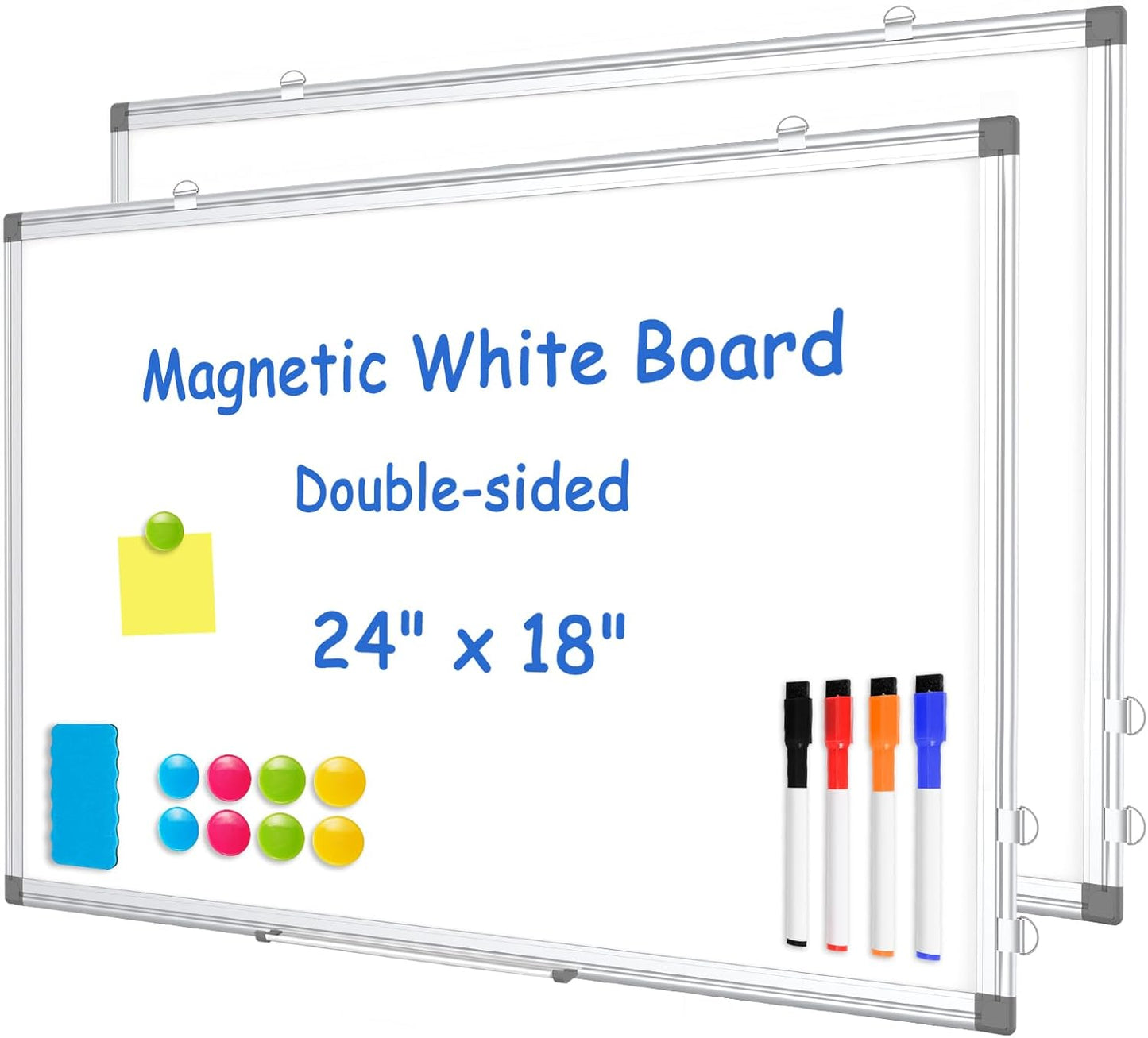 WALGLASS 2 Pack White Board, 24" x 18" Double-Sided Dry Erase White Board for Wall, Hanging Mounted Whiteboard, Horizontal or Vertical Silver Aluminium Frame for Home, School, Office, Kitchen