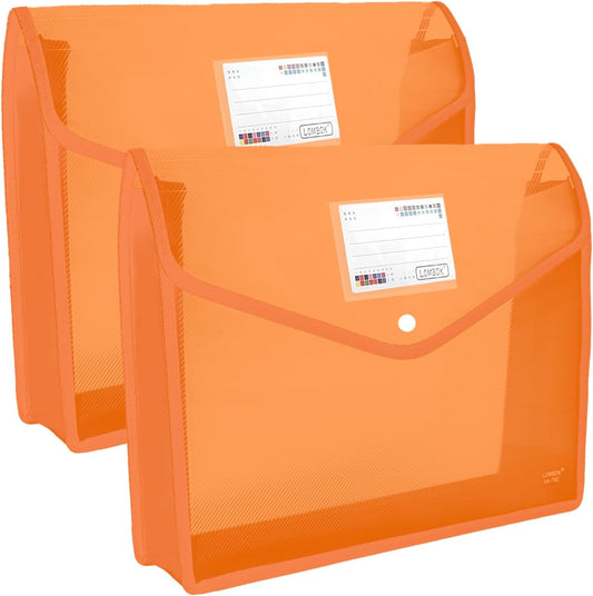 Plastic File Folders Legal Size Expandable Document Folder with Snap Button Closure, B4 Expanding File Wallet Envelopes Pouch with Label Pocket, 2 Packs, Orange