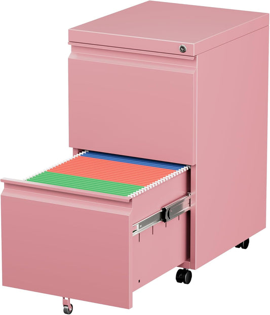 METAN 2 Drawer Vertical File Cabinet with Lock, Mobile Metal Filing Cabinet for Legal/Letter Size, Office Storage File Cabinet Under Desk, Fully Assembled Except Wheels,Pink