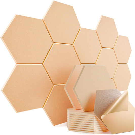 12 Pack Self-adhesive Acoustic Panels 12" X 10" X 0.4" - Sound Proof Foam Panels with High Density, Hexagonal Design, Flame Resistant, Absorb Noise and Eliminate Echoes(Light Apricot)