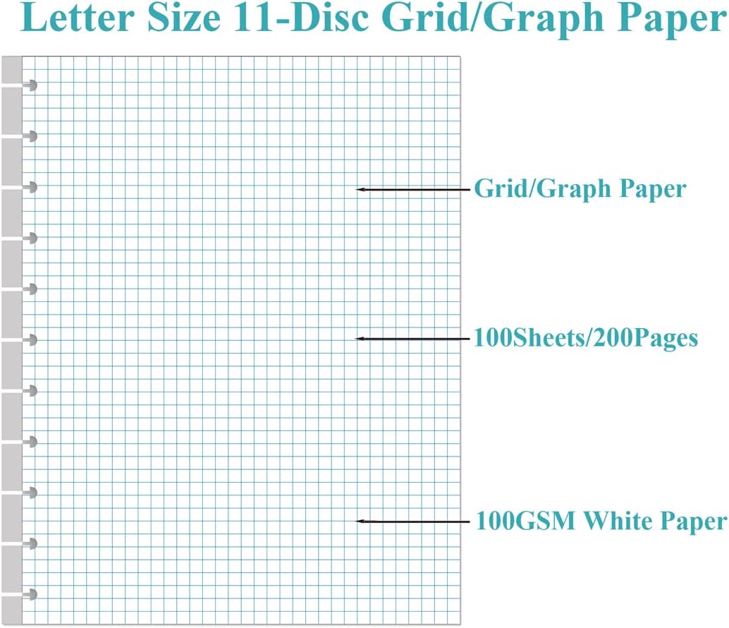A4 TUL Discbound Grid Filler Paper - 11 Disc Graph Paper, Letter Size 100Sheets / 200Pages Loose-Leaf Paper, 100gsm White Paper, 8.5'' x 11''