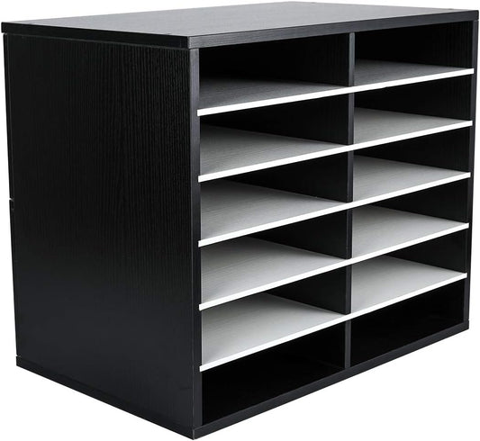EasyPAG Mail Organizer Countertop, Wood Literature Organizer, Student Classroom Mailbox for School, Desktop Paper Sorter for Office Home, 12 Compartments, Black/White