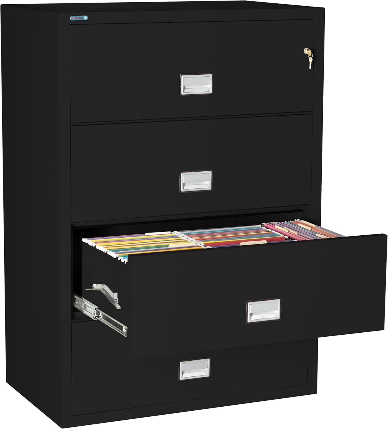 38 inch Wide 4-Drawer Lateral Fireproof File Cabinet – Legal and Letter Size Filing – Key Lock – Water Resistant – Fire Safe and Impact Rated – Black Finish – Model LAT4W38B