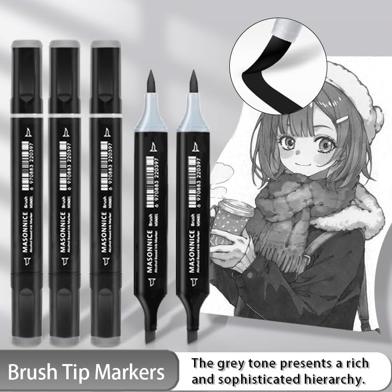 Gray Grey Alcohol Markers Brush Tip, 12pc Cool Grey Colorless Blender Markers Set for Adults Artist Coloring Book Shading Drawing Sketching Brush Chisel Tips Gifts