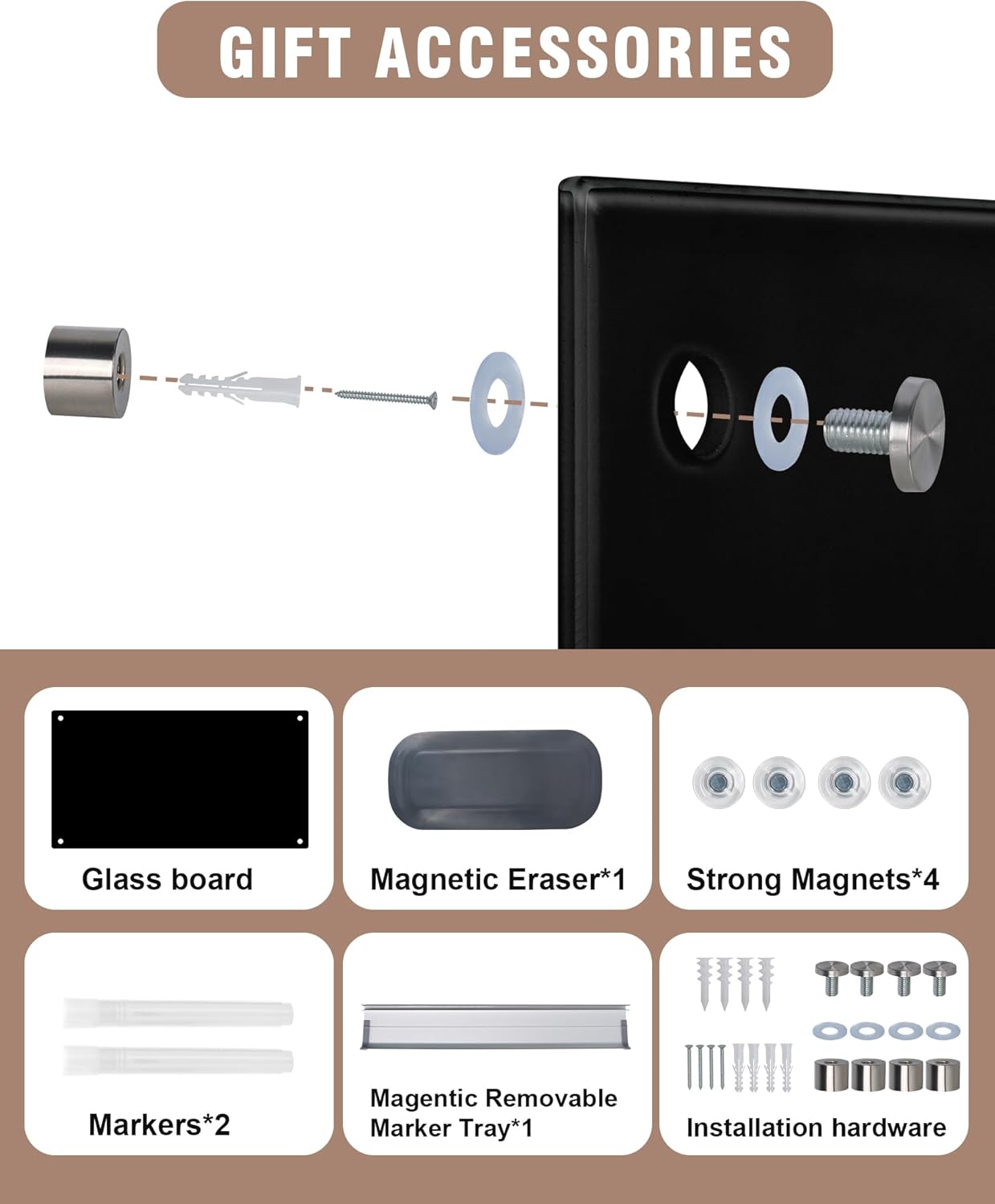 Magnetic Glass Whiteboard，60"x48" Wall Mounted Frameless Dry Erase Board for Office, Home & School Black