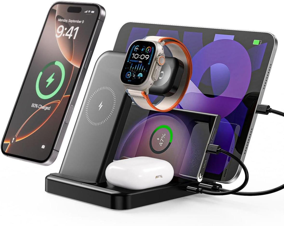 Intoval 5-in-1 Charging Station, for iPhones 17/17 Pro/17 Pro Max and Androids, iPad Pro/Air/Mini, Apple Watch 11/Ultra 3/Ultra 2/Ultra/10/9/8/7/SE, Wireless Charging Dock for Multiple Devices (Black)