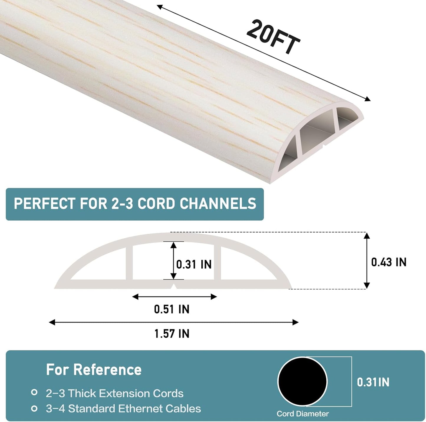 Floor Cord Cover Self Adhesive Cord Hider Floor Extension Cord Covers for Floor Power Cord Protector Cable Management Prevent Cable Trips Cable Cavity 0.51" W x 0.31" H (Beige Wood, 20Ft)