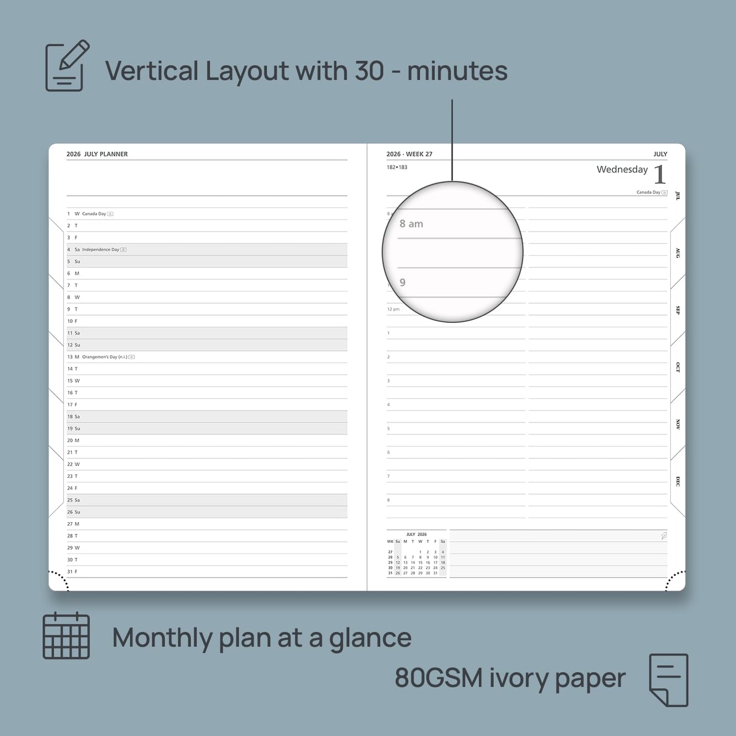 POPRUN 2026 Daily Planner One Page Per Day Even Weekends A4 Large Size (8.5" x 12") - 12 Months Calendar Hourly Appointment Book with Inner Pocket, Pen Holder, Hardcover - Violet