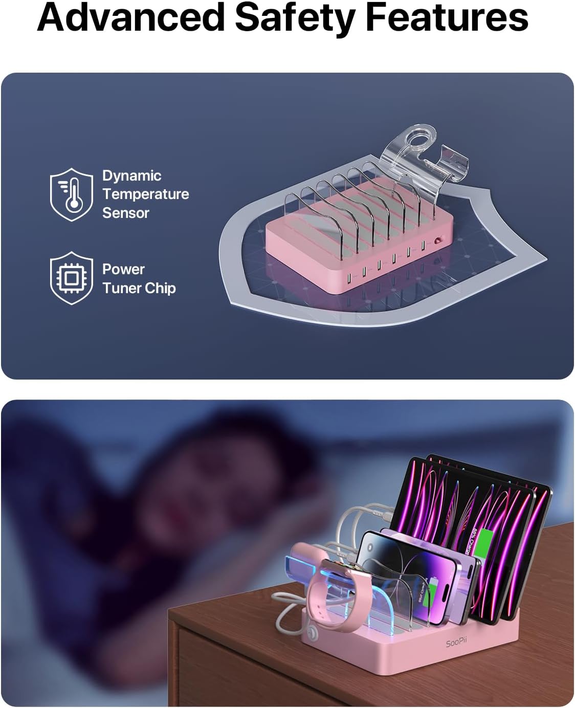 SooPii Premium 6-Port USB Charging Station Organizer for Multiple Devices, 6 Short Charging Cables and One Upgraded i-Watch Charger Holder Included, for Phones,Tablets and Other Electronics, Pink