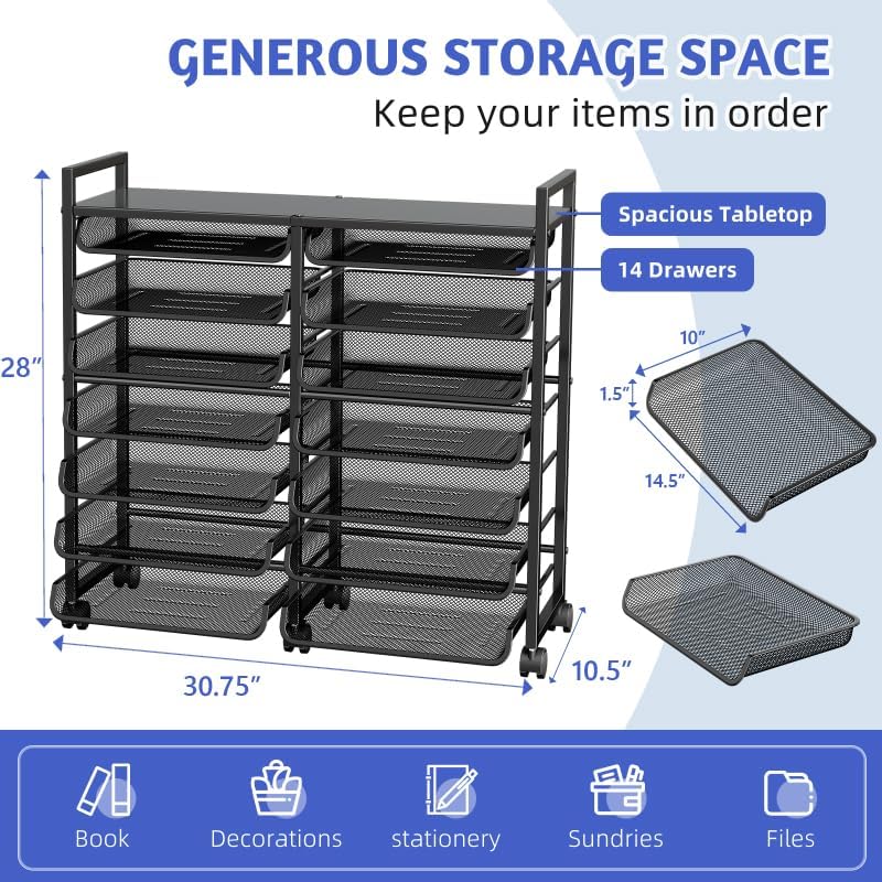 Simple Trending Rolling File Storage Cart, 15-Tier Metal Desk File Organizer with 14 Mesh Sliding Trays, Multi-Functional Clutter Cart for Office Home School, Black