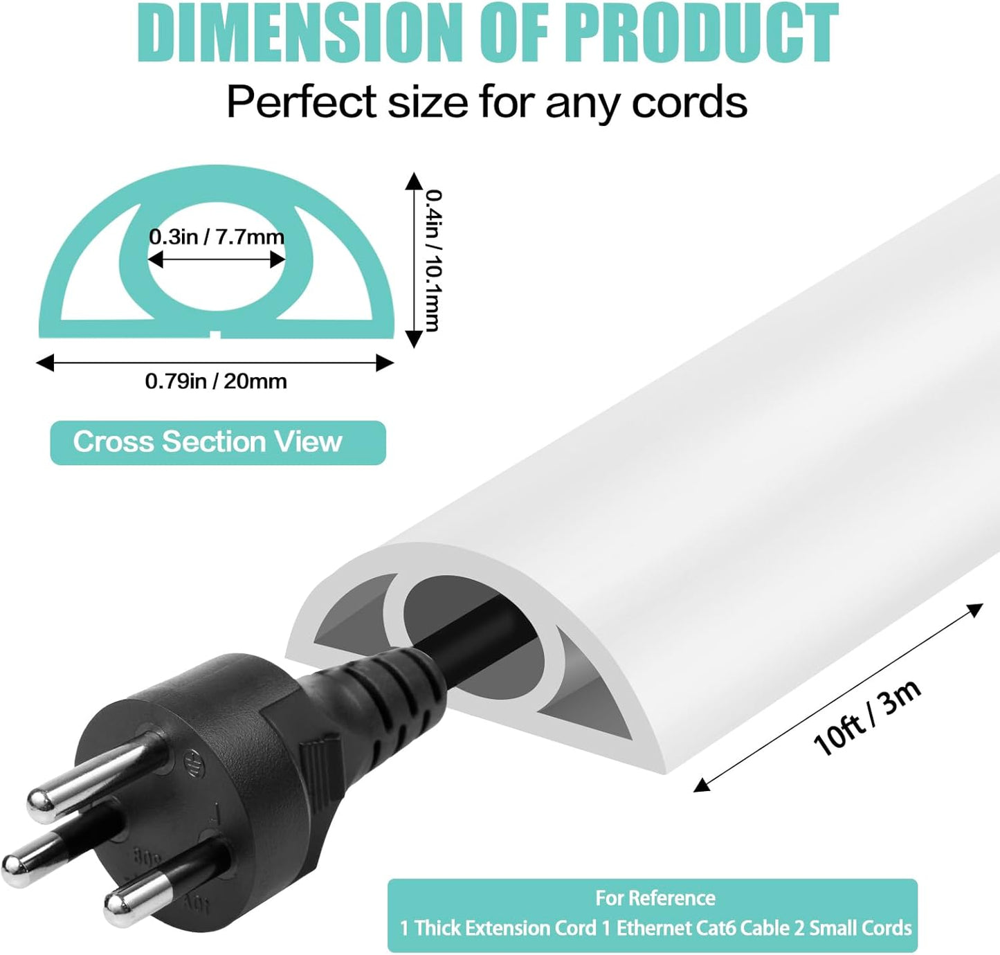 Floor Cord Cover Self Adhesive Cord Hider,10FT Cable Management, Extension Strip Protector for Wires, Prevent Cable Trips for Offices, Gyms, Exhibitions Cavity:0.3"(W) x 0.28"(H) White