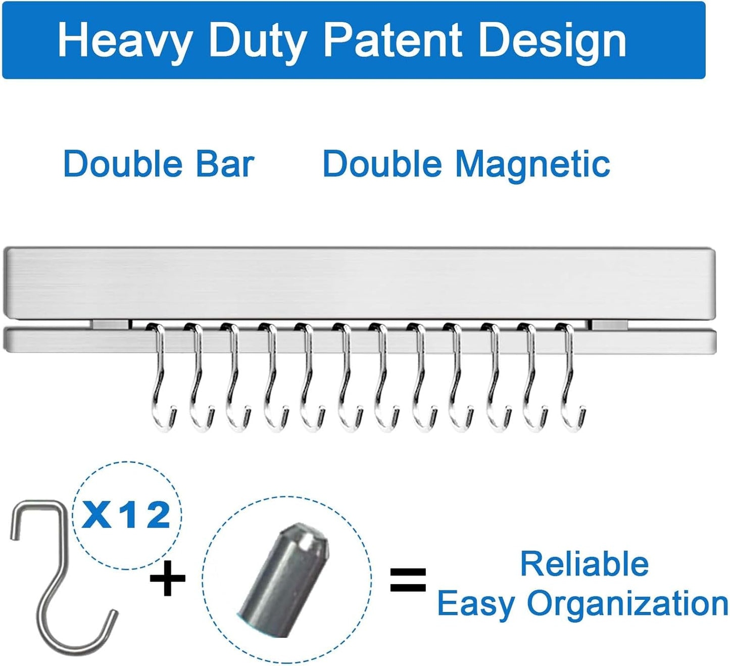 17 Inch Magnetic Knife Holder for Refrigerator with 12 Hooks - Double Sided Magnetic Knife Strip for Fridge - Premium Magnetic Knife Bar Rack - 304 Stainless Steel Kitchen Utensil Hanger