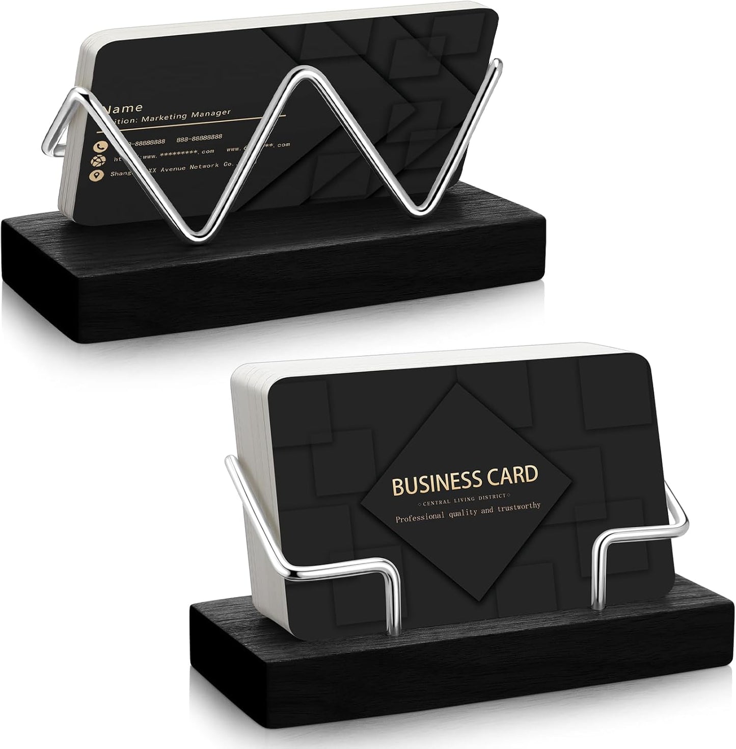 Amyhill 2 Pieces Wood Business Card Holder for Desk Wooden Business Card Display Stand Postcard Holder for Office Home Desktop (Black, Silver)