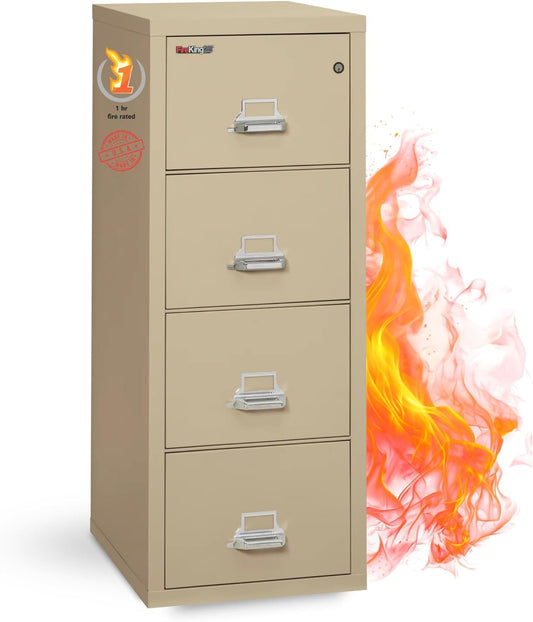 FireKing Fireproof Vertical File Cabinet (4 Letter Sized Drawers, Impact Resistant, Water Resistant), 52.25" H Parchment, 18 W x 25 D, (41825CPA)