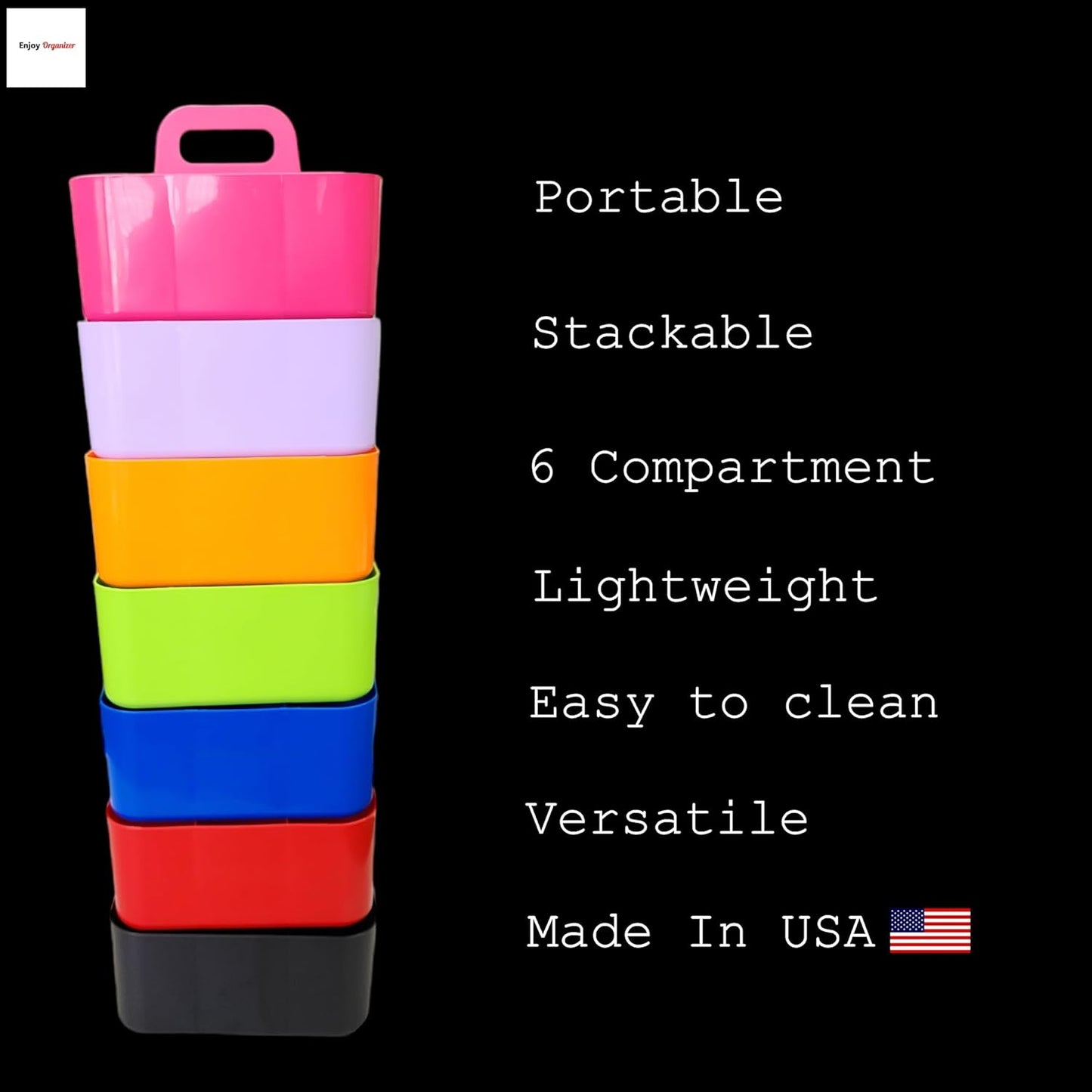 2 Pack Small 6 Compartment Multiuse Caddy Organizer with Handle Art Craft Supplies, Office, Desk, Stationery Pen Holder Stackable- Made In USA (Blue)