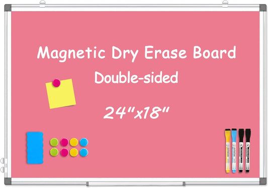 WALGLASS Magnetic Whiteboard 24"x18" Dry Erase White Board for Walls with Pen Tray, Aluminium Frame and Dry-Wipe Writing Surface for Kids' Drawing, Home, and Office (Pink)