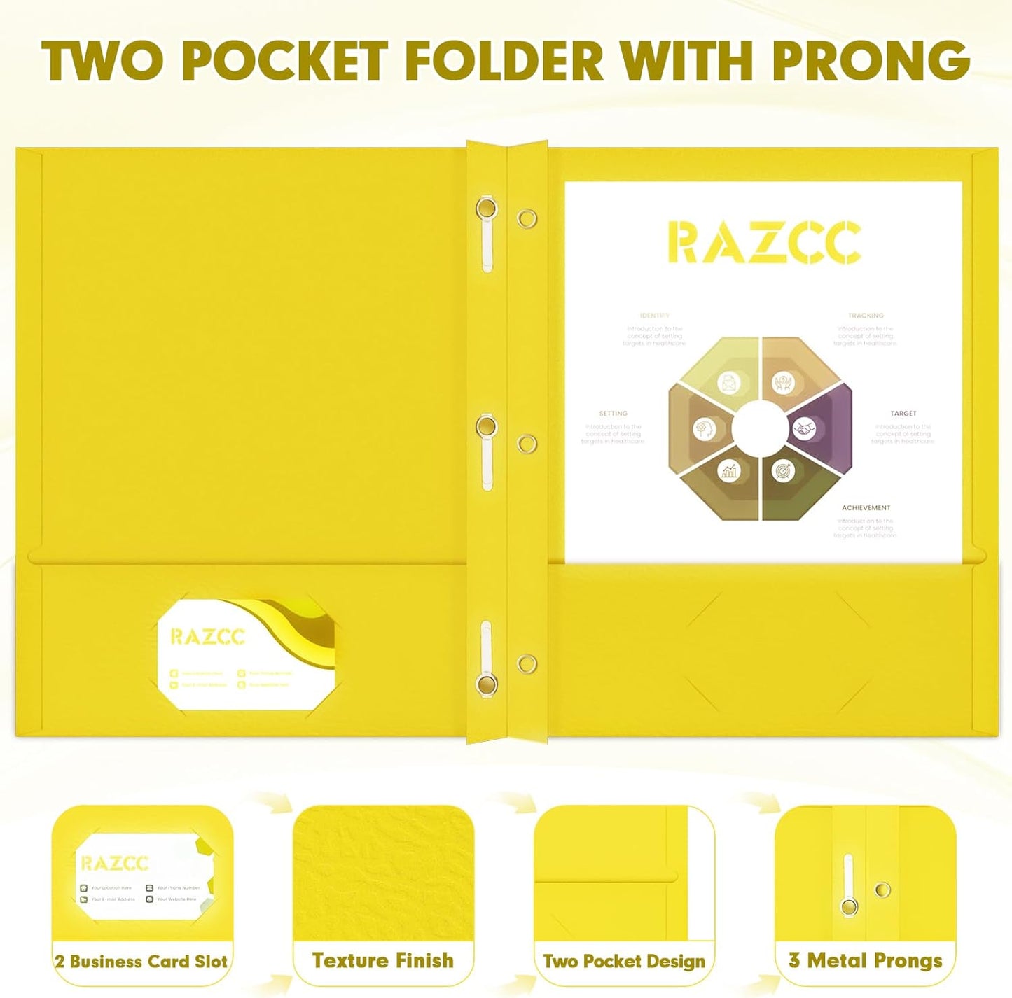 Two Pocket Folders, RAZCC 75 Pack Two Pocket Folders with Prongs, 3 Prong Folders Fit Letter Size Paper, Pocket File Folders for School Office Home Business, Yellow