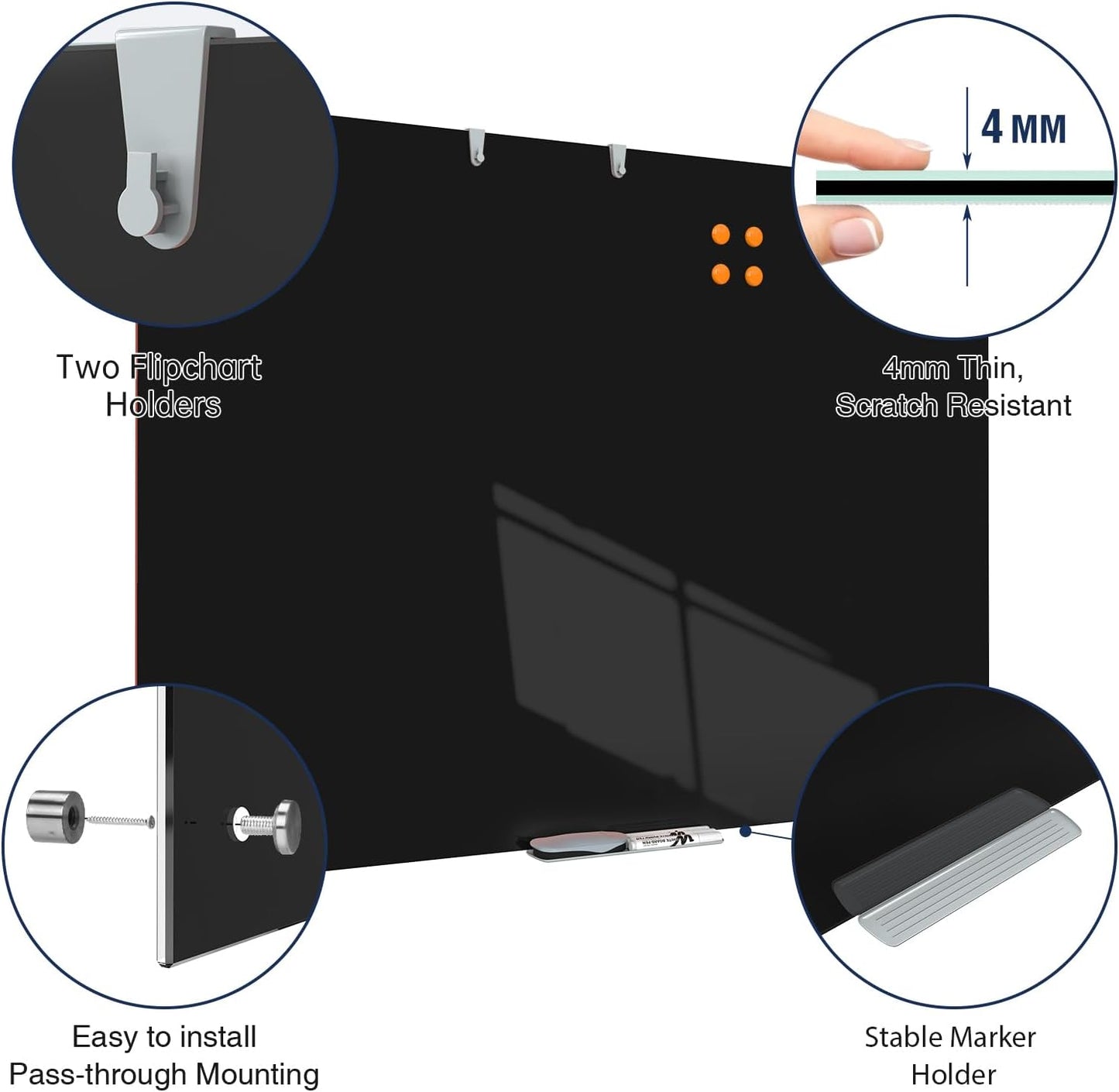 TSJ OFFICE Glass Dry-Erase Board - 48 x 30 Inches Wall Mounted Black Glass Magnetic Whiteboard, Large Frameless White Board for Office, Home & School