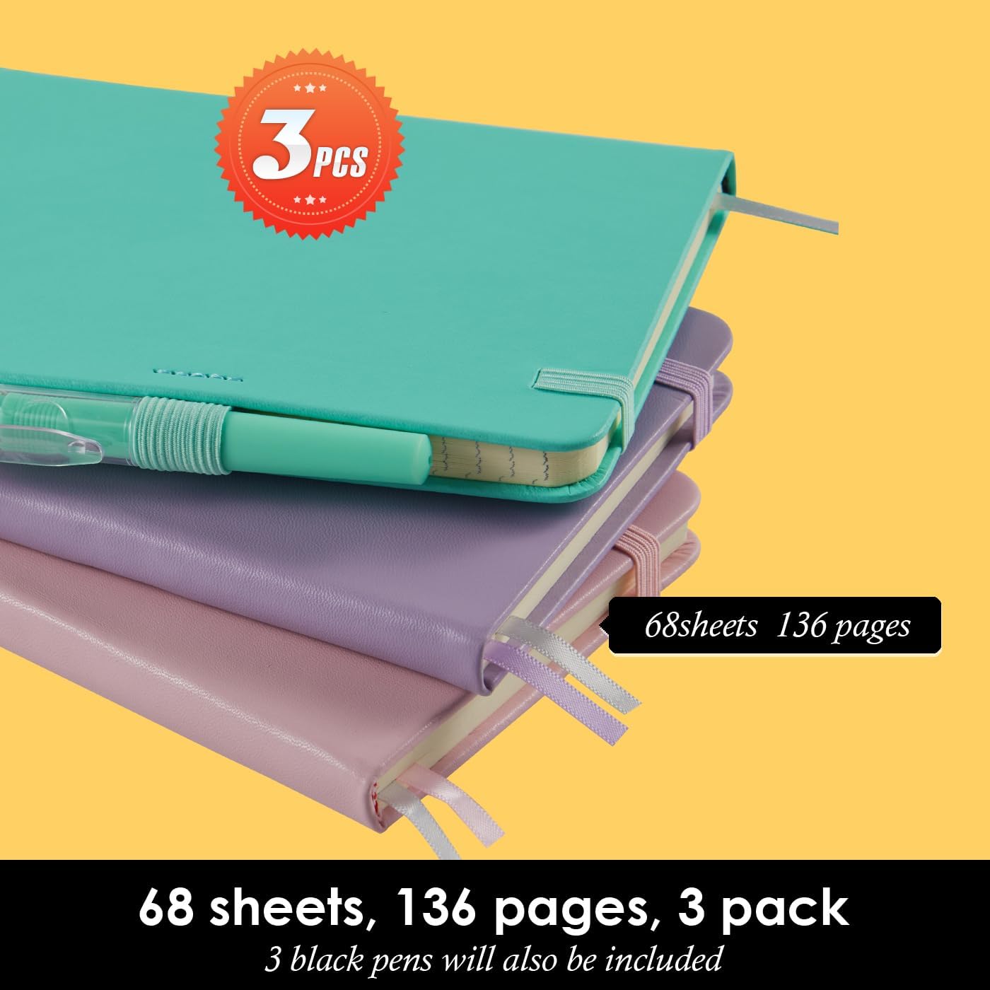 3 Pack Small Notebook Journal with Pen, A6 Mini Pocket Size Notepad Journal Notebook for Women/Men Work, Cute Note Book Note pads, 3.7" x 5.7", Leather, Pink, Purple, Green