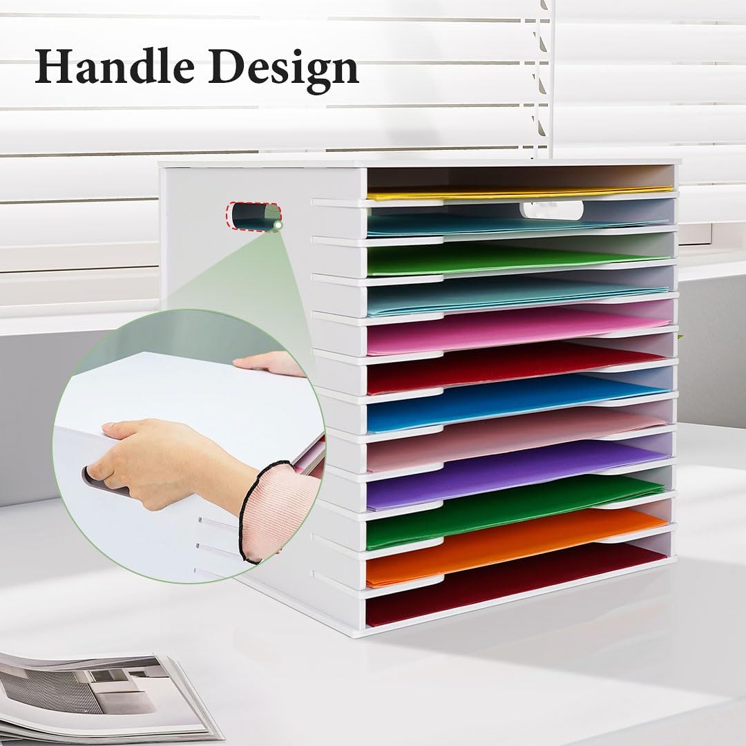 SANFURNEY Scrapbook Paper Organizer for Sizes 12" x 12", 12 Slots File Sorter Storage, Document Holder, Desktop Scrapbook Paper Organizer Rack for Home Office School (White, 12 Slots - Standard Size)