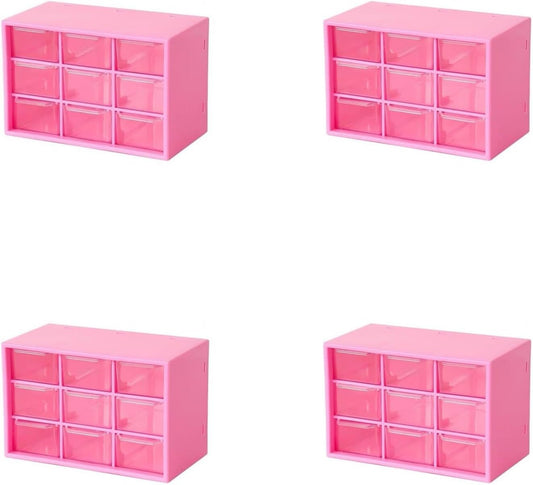 Feadily 4PCS Small Drawer Organizer for Desk, Desktop Drawer Organizer with 9 Clear Drawers, Plastic Desktop Storage Drawers 7.1 Inch x 3 .9 Inch x 4.7 Inch, Rose Red