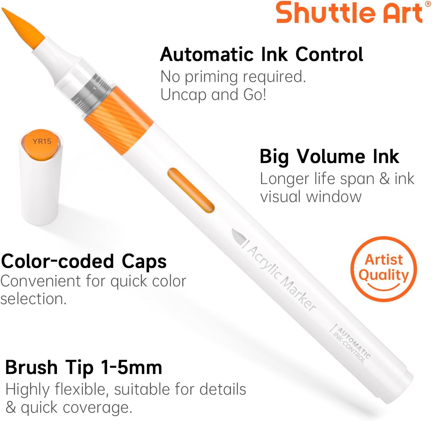 Shuttle Art Automatic Ink Control Acrylic Paint Markers, 36 Colors Brush Tip Acrylic Paint Pens for Rock Painting, Ceramic, Wood, Canvas, Glass, Stone, Fabric, Card Making, DIY & Art Supplies