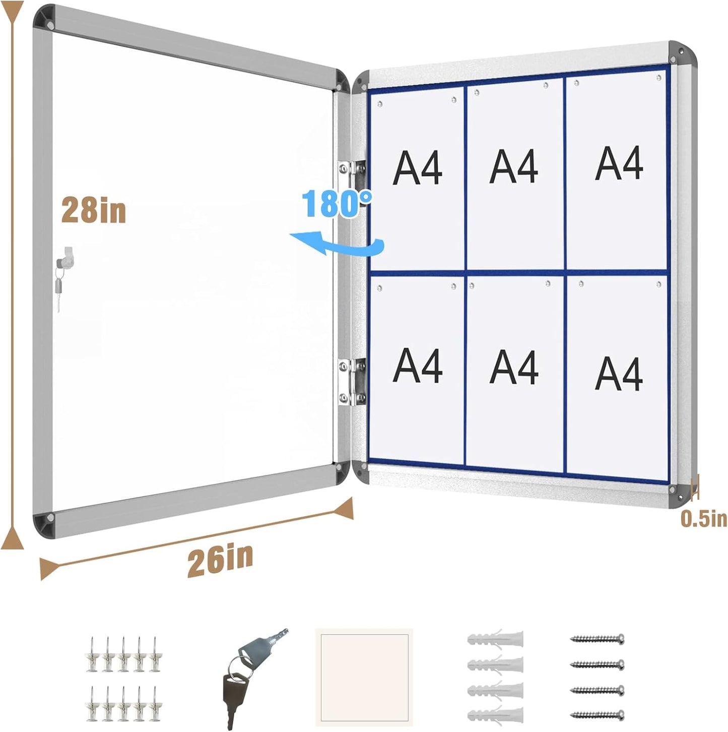 28"x26" Enclosed Bulletin Board, Lockable Weather-Resistant Aluminum Cork Noticeboard for School & Office, Silver Frame w/Blue Flet