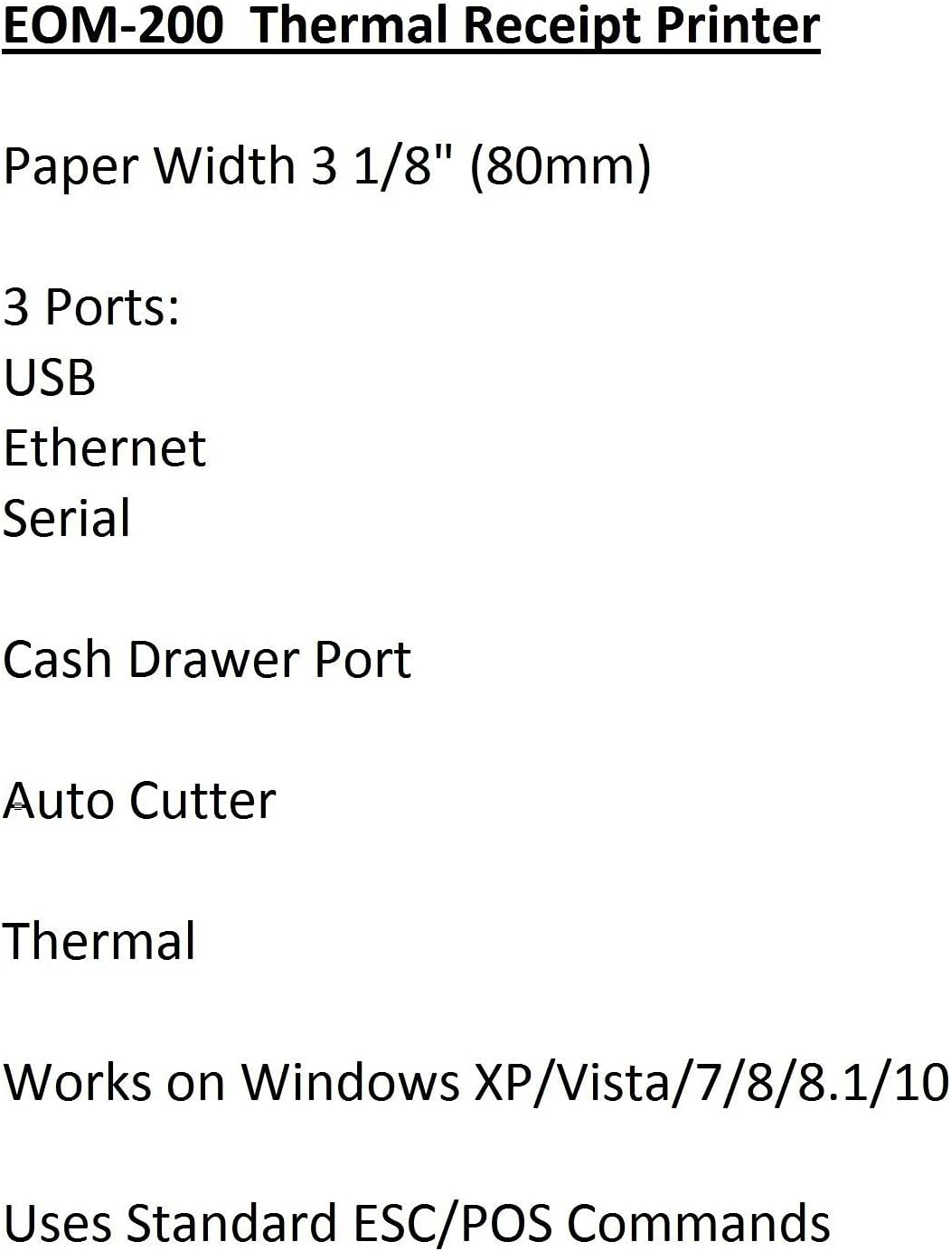 Thermal Receipt Printer - USB, Ethernet/LAN, & Serial Ports - Auto Cutter - Beeper/Buzzer- Cash Drawer Port - Paper Width 3 1/8" (80mm) - for Windows - NOT for Square