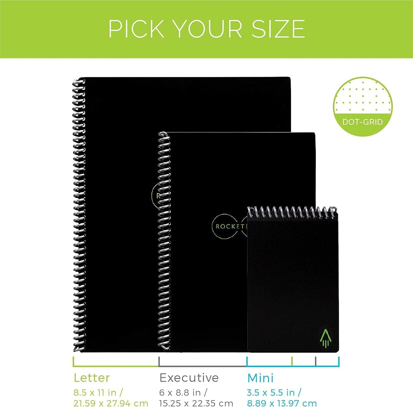 Rocketbook Core Reusable Spiral Notebook, Executive Size 6x8.8, Black - Dotted Pages, App-Connected, Erasable, Durable Cover, Ideal for School, Work, and Creative Projects