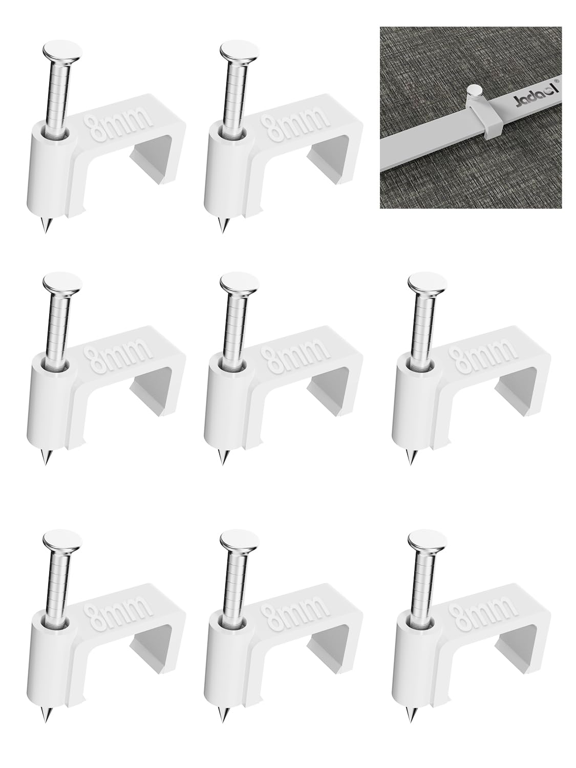 Jadaol Cable Clips 200Pcs 8mm Nail in Clips for Flat Ethernet Cables Wall Clips Cable Tacks Electrical Wire TV Cable Speaker Wire Coax Clips Cable Nails for Cords Cat5/Cat5e/Cat6/Cat7 RJ45 Cord Clips