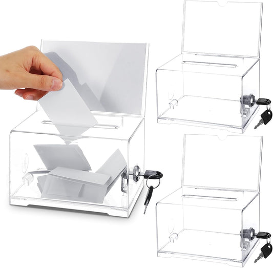 3 Pcs Acrylic Donation Box with Lock and Sign Holder Clear Ballot Donation Boxes with Slot for Fundraising Suggestion Box Storage Container for Voting, Raffle Bowl, Tip Jar